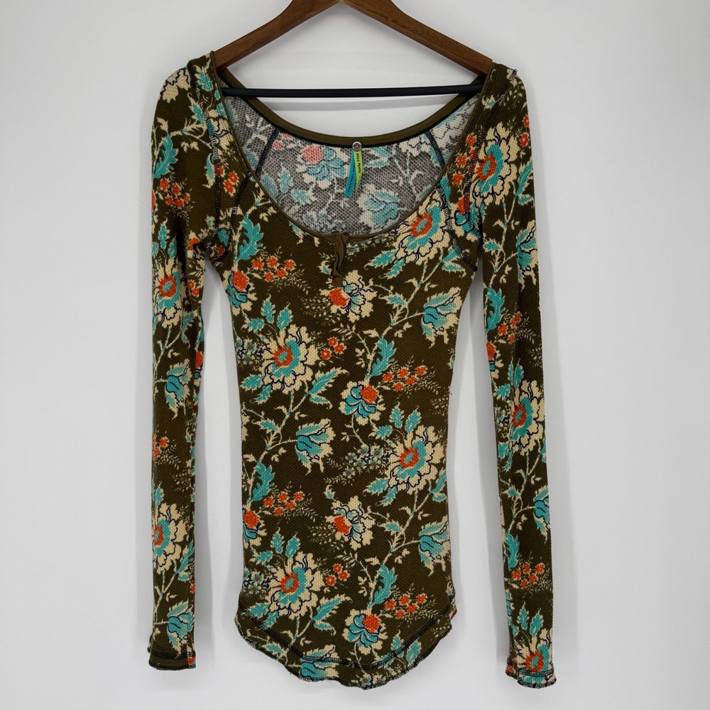Vtg Y2K Free People Floral Waffle Knit Thermal Top L Boho Fairycore Indie Sleaze